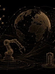 EM360Tech header graphic titled &ldquo;Deep Tech Explained for Enterprise Leaders&rdquo;. A black background features interconnected beige-gold technology illustrations, including a digital globe, molecular structures, a robotic arm, a DNA strand, a microchip, a wind turbine, a battery, and a solar panel, representing advanced scientific and engineering innovation. The subtitle reads: &ldquo;We explain what makes deep tech different, why it's becoming strategically important and how enterprises can evaluate its real-world po