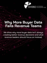 EM360Tech graphic titled 'Why More Buyer Data Fails Revenue Teams'. Subtitle reads: 'We show why more buyer data isn't always creating better revenue decisions and what revenue leaders should focus on instead.' The background features dark magenta data streams, particles, and network connections flowing across a black background, representing data movement and analytics. 