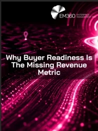  Header graphic for an article about buyer readiness, showing a lone figure walking along a glowing deep magenta digital pathway toward a bright portal. Connected data points, network lines, and location markers surround the path, representing the enterprise buying journey, decision-making, buyer confidence, and progression toward sales readiness. The image includes the title "Why Buyer Readiness Is The Missing Revenue Metric".