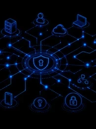 A black cybersecurity complexity graphic showing a glowing blue security shield connected to cloud services, servers, databases, identities, devices and applications through a web of interconnected attack paths.