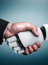 Image of an android shaking hands with a person on a blue background.
