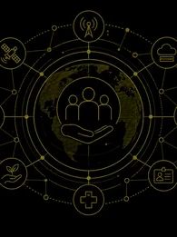 Black EM360Tech header graphic showing people supported by an open hand at the centre of a digital globe, surrounded by connected olive icons representing communications, satellites, cloud infrastructure, cybersecurity, digital identity, healthcare and communities.