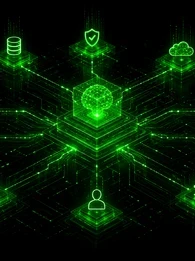 EM360Tech graphic titled “AI Is Making the Enterprise Stack Autonomous.” A glowing green digital network on a black background connects a central AI-like processing hub to databases, security, cloud, analytics, automation, users and other enterprise systems. Subtitle reads: “We look at how enterprise AI is changing system behaviour, operational authority, and the role of IT teams.”