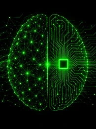 EM360Tech graphic titled “Artificial General Intelligence for Enterprises”, showing a glowing green brain on a black background. The left half is formed from interconnected neural nodes, while the right resembles electronic circuitry. Text reads: “We look beyond AGI predictions to what changing AI capabilities actually mean for enterprise leaders.”