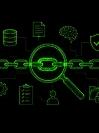 Black EM360Tech graphic titled “AI Explainability and Auditability Gaps”. Neon green line-art illustrations show a database, document, AI brain, security shield, connected chain links, checklist and locked files around a central circular network. The subtitle reads: “We look at why AI explainability alone can't support enterprise accountability, and what organisations need to make AI decisions auditable.”