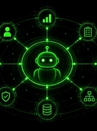 Black and neon-green header graphic showing a glowing robot at the centre of a circular network, connected by lines to eight surrounding icons: a person, bar chart, checklist, cog, flowchart, database, shield and dollar sign. White text reads “AI Agents and AI Value Management”, followed by “We look at why AI agents are turning value management into a continuous enterprise discipline tied to cost, autonomy and business outcomes.” The EM360 Enterprise Management 360 logo appears at the top right. 