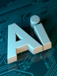 The letters "AI" in silver on a teal circuit board background.