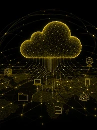 A black-and-olive EM360Tech header graphic showing a large glowing digital cloud made from interconnected network lines above a dotted world map. Connected icons for servers, databases, security, devices, users and global networking appear across the map. White text reads: &ldquo;Top 10 Cloud Computing Services for Enterprises&rdquo; and &ldquo;We compare 10 leading cloud computing services to help enterprises find the right fit for their workloads, infrastructure, AI needs and cloud strategy.&rdquo; The EM360 Enterprise Managemen