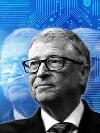 Bill Gates against a blue background alongside circuitry and a mind map.