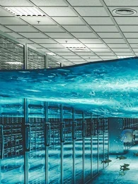 Depiction of a data centre under water.
