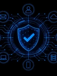 A black-and-blue cybersecurity graphic with a glowing digital shield at the centre, surrounded by connected security icons for email, user identity, cloud services, fingerprint authentication, device access, passwords and servers. Large white text reads “Trusted Signals Are The New Enterprise Security Risk,” with supporting text explaining that attackers are getting better at looking like trusted people and systems, making the usual warning signs harder to recognise. The EM360 logo appears at the upper righ