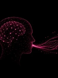 EM360Tech graphic showing a glowing dark-magenta digital head connected by flowing data-like strands to a group of people, representing analyst expertise being shared with and trusted by B2B buyers.
