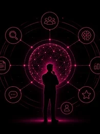  A silhouetted business professional stands before a glowing interconnected digital network surrounded by icons representing AI, search, analytics, documents, communication and collaboration, illustrating how enterprise buyers evaluate multiple information sources before making decisions. The artwork uses deep dark magenta on a black background with the EM360Tech logo in the top-right corner. The on-image text reads: "How Enterprise Buyers Build Decision Confidence".