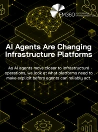 Black-and-olive technology graphic showing a glowing wireframe brain above a layered infrastructure platform, connected to diagrams, data, settings and system components. Text reads: “AI Agents Are Changing Infrastructure Platforms” and “As AI agents move closer to infrastructure operations, we look at what platforms need to make explicit before agents can reliably act.” The EM360 Enterprise Management 360 logo appears at the top.