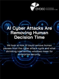EM360Tech graphic titled “AI Cyber Attacks Are Removing Human Decision Time,” showing a blue AI robot connected by circuit lines to a cyber attack sequence on a black background. The subtitle reads: “We look at how AI could remove human pauses from the cyber attack cycle and what shrinking intervention windows mean for enterprise security.”