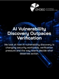 A black-and-blue cybersecurity graphic showing a digital human head, magnifying glass and multiple code and warning panels. Text reads: “AI Vulnerability Discovery Outpaces Verification” and “We look at how AI vulnerability discovery is changing security workloads, verification pressure and the way teams decide what deserves action.” The EM360 logo appears at the top.