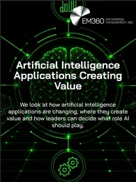 A black-and-green AI graphic with a glowing digital brain connected to icons for search, analytics, documents, security, automation and users. Text reads “Artificial Intelligence Applications Creating Value” and “We look at how artificial intelligence applications are changing, where they create value and how leaders can decide what role AI should play.” The EM360 logo appears at the top.