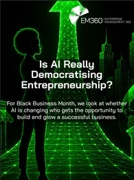 Black-and-green digital graphic showing a Black businesswoman surrounded by a rising arrow, city buildings, growth charts, a globe, bank and small business. Text reads: “Is AI Really Democratising Entrepreneurship? For Black Business Month, we look at whether AI is changing who gets the opportunity to build and grow a successful business.”