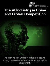 EM360 header graphic titled &ldquo;The AI Industry in China and Global Competition.&rdquo; A glowing green profile of a humanoid AI figure made from circuitry appears against a black background, overlaid with the Chinese flag&rsquo;s five stars. Text reads: &ldquo;We examine how China&rsquo;s AI industry is scaling through regulation, infrastructure, and enterprise deployment.&rdquo; The EM360 Enterprise Management 360 logo appears in the top right.