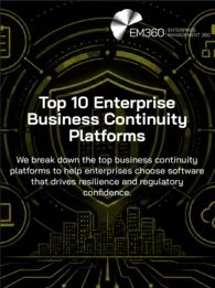 EM360Tech graphic titled &ldquo;Top 10 Enterprise Business Continuity Platforms&rdquo;, with the subtitle &ldquo;We break down the top business continuity platforms to help enterprises choose software that drives resilience and regulatory confidence.&rdquo; The black background features an olive digital illustration of a shield protecting office buildings, surrounded by connected icons representing planning, organisational structure, people, technology, risk and cloud systems.