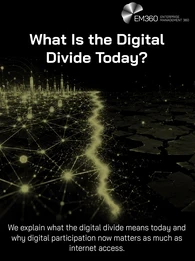 EM360 header graphic titled “What Is the Digital Divide Today?” A black and olive-green landscape is split by a glowing divide. On the left, a brightly connected digital city is surrounded by dense networks of illuminated nodes and links. On the right, the landscape is darker and fragmented, with far fewer connections. Text reads: “We explain what the digital divide means today and why digital participation now matters as much as internet access.” The EM360 Enterprise Management 360 logo appears in the top 