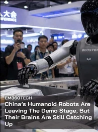 A humanoid Booster robot demonstrates parcel handling on a conveyor at the World Robot Conference as a crowd watches and records. Overlaid text reads: “EM360TECH China’s Humanoid Robots Are Leaving The Demo Stage, But Their Brains Are Still Catching Up.”
