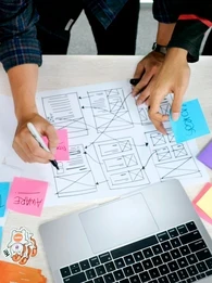 A group of people using colourful sticky notes, markers and a laptop to map out user experience.
