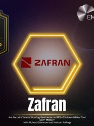 EM360Tech Impact Index Q2 2026 Vanguard Winner award graphic recognising Zafran Security. The design features the EM360Tech Impact Index Vanguard Winner badge, the Zafran logo inside a glowing gold hexagon, and the text: "Zafran" and "Are Security Teams Wasting Resources on 99% of Vulnerabilities That Don't Matter? with Richard Stiennon and Nathan Rollings."