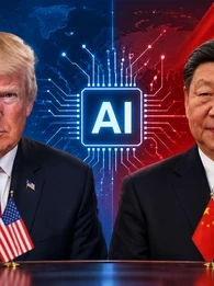 Image of Presidents Trump and Xi Jinping with an AI logo in the background and a boardroom table in the foreground.
