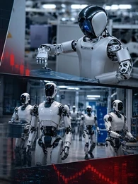 Humanoid robots in a collage in front of stocks.