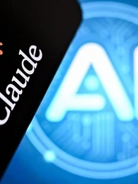 Logo of Anthropic's Claude with the blue "AI" word in the background.