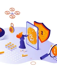 Animated person with security icons surrounding them while using biometrics to log into a smartphone