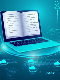 Laptop with a book open on the screen surrounded by various blue icons.