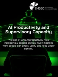 A person sits at a workstation facing five green-lit humanoid AI agents, each positioned behind a digital screen displaying code. Text reads: “AI Productivity and Supervisory Capacity” and “We look at why AI productivity may increasingly depend on how much machine work people can direct, verify and keep under control.” The EM360 logo appears at the top. 