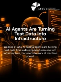 EM360Tech header graphic on a black background with orange illustrations of an AI agent, databases, code and testing panels, titled “AI Agents Are Turning Test Data Into Infrastructure”, with the subtitle explaining how AI coding agents are making test data infrastructure work at machine speed.