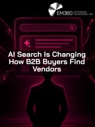 EM360Tech header graphic with the white text “AI Search Is Changing How B2B Buyers Find Vendors” over a black background, showing a silhouetted businessperson facing a magenta AI search interface connected to content, video, review, company, audience and analytics icons.