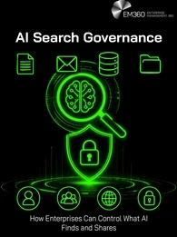 Green graphic with the title "AI Search Governance" and a  subtitle of "How Enterprises Can Control What AI Finds and Shares"