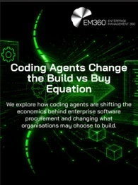 Graphic titled “Coding Agents Change the Build vs Buy Equation”, with the text “We explore how coding agents are shifting the economics behind enterprise software procurement and changing what organisations may choose to build.” Green wireframe imagery shows a shopping cart, software, laptop and robotic arm against a black background.