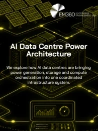 Header graphic showing an interconnected AI data centre power system with server racks linked to the electricity grid, solar panels, onsite generation and battery storage. Text reads: “AI Data Centre Power Architecture. We explore how AI data centres are bringing power generation, storage and compute orchestration into one coordinated infrastructure system.”