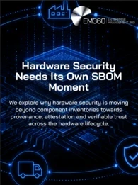 EM360Tech graphic titled “Hardware Security Needs Its Own SBOM Moment”, showing a glowing blue microchip surrounded by connected supply chain, manufacturing, component, certification and security icons on a black background. Text reads: “We explore why hardware security is moving beyond component inventories towards provenance, attestation and verifiable trust across the hardware lifecycle.” 