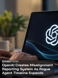 EM360Tech header graphic showing the OpenAI logo on a laptop screen in a softly lit workspace, with the headline “OpenAI Creates Misalignment Reporting System As Rogue Agent Timeline Expands” in white text over a dark translucent panel. 