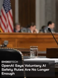 EM360Tech header graphic with the headline “OpenAI Says Voluntary AI Safety Rules Are No Longer Enough” in white text over a dark translucent panel. Background shows a blurred US congressional hearing room with an American flag, officials, a witness microphone, laptop and documents. 
