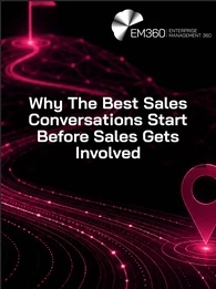 EM360Tech graphic showing a magenta path leading from a location marker to a flag, with the text “Why The Best Sales Conversations Start Before Sales Gets Involved”.