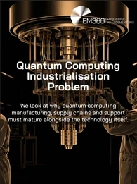 Black header graphic with beige line-art showing two cleanroom technicians working around quantum computing machinery. White text reads “Quantum Computing Industrialisation Problem” with the subtitle “We look at why quantum computing manufacturing, supply chains and support must mature alongside the technology itself.” The white EM360 Enterprise Management 360 logo appears at the top. 