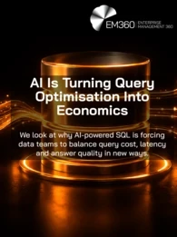 EM360Tech article graphic with a black background and glowing orange database at the centre, connected to an SQL query panel on the left and AI, settings, analytics and document icons on the right. White overlay text reads “AI Is Turning Query Optimisation Into Economics”, with the subtitle “We look at why AI-powered SQL is forcing data teams to balance query cost, latency and answer quality in new ways.” 