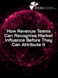 Black header graphic with a glowing deep-magenta digital globe and orbiting network lines. Large white text reads “How Revenue Teams Can Recognise Market Influence Before They Can Attribute It”, with the white EM360 Enterprise Management 360 logo above. 