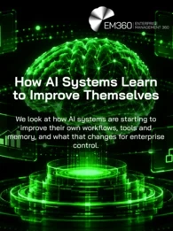 Black EM360Tech header graphic with a glowing green digital brain surrounded by icons for data, tools, documents and workflows. White text reads “How AI Systems Learn to Improve Themselves” and “We look at how AI systems are starting to improve their own workflows, tools and memory, and what that changes for enterprise control.” 