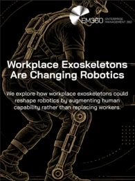 Graphic showing a worker wearing an industrial exoskeleton with the text, “Workplace Exoskeletons Are Changing Robotics. We explore how workplace exoskeletons could reshape robotics by augmenting human capability rather than replacing workers.” 