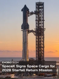 SpaceX Starship stands beside its launch tower at sunset, with a pale blue and orange sky over the coastal launch site. A dark translucent banner across the lower half reads “EM360TECH” and “SpaceX Signs Space Cargo for 2028 Starfall Return Mission” in large white text.