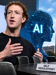 Collage of Mark Zuckerberg, company logos, regulatory documentation and a business desk.